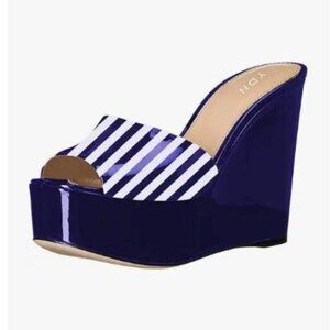 YDN Blue Stripe High Heels Platform Mules Peep Toe Clogs Slip on Wedge Sandals